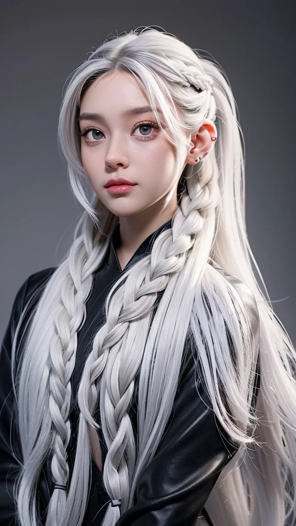 Millicent is a 21 year old young woman...., Tall and fit physique. He has light skin and gray eyes with small pupils..... Long wavy white hair braided in a high ponytail with many small braids... It has long and pointed ears.. Described as an incredibly beautiful girl... Prefers to wear black clothes.., gray and white colors. 8k.
