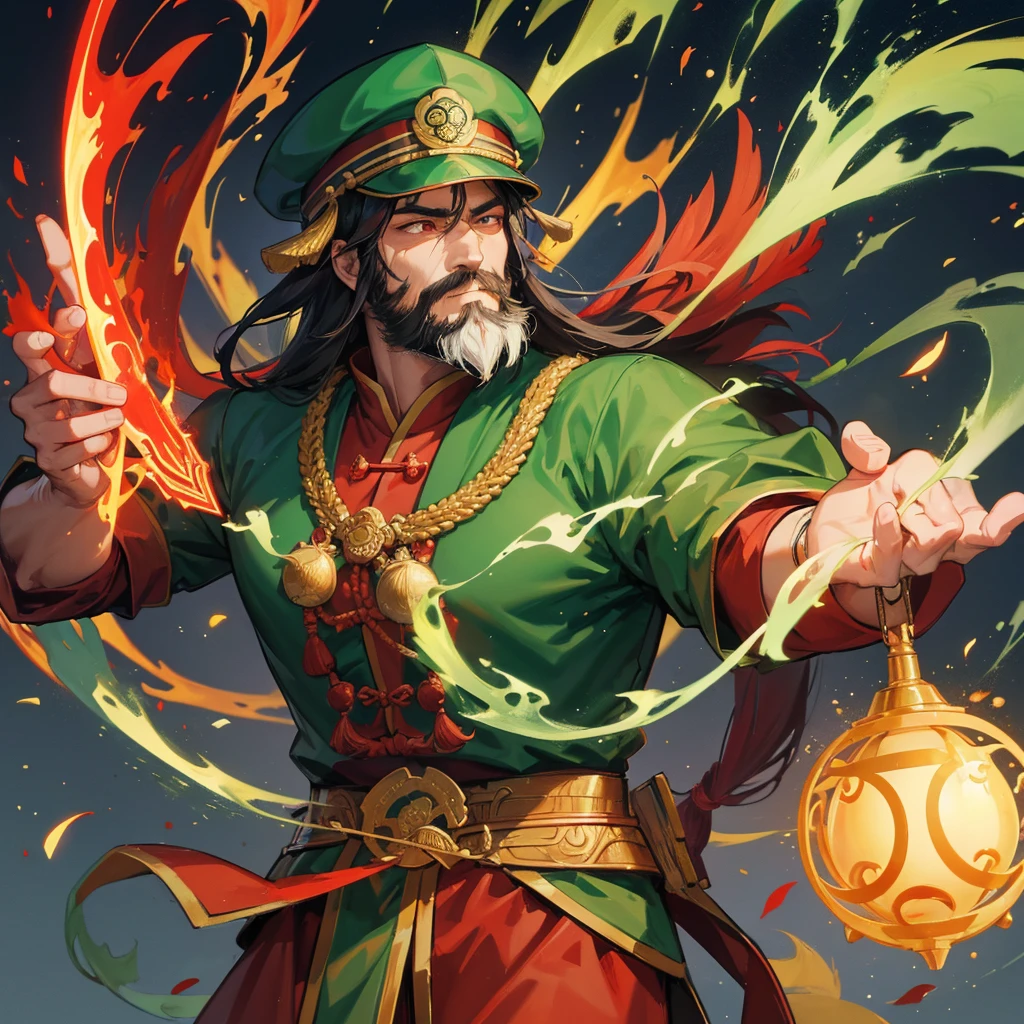 divinity无敌大将军,China,Guan Yu,divinity,myth,Powerful,male,Bearded,Red skin,Light in the eyes,thunder,Green clothes,muscle,Holding a big knife,myth,Gods,divinity无敌