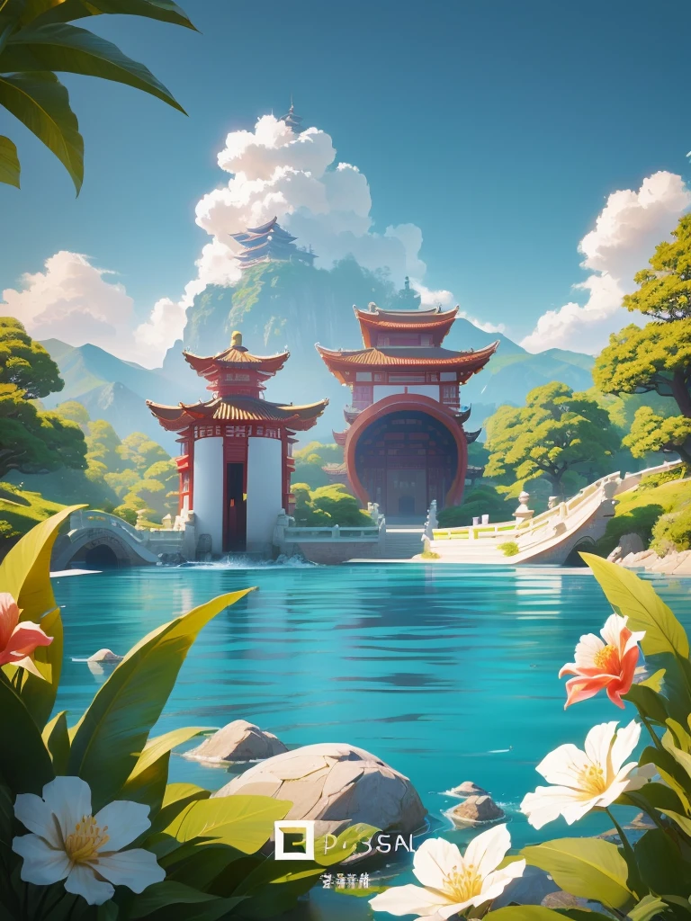 There is a painting of a pagoda in the middle of the lake, Dreamy Chinatown, 3D rendering style, Pagoda Figures, Anime Landscape, Beautiful and detailed scenes, Water Temple, Ross Chen. Landscape background, 3 d stylize scene, Chinese scenery, Zen temple background, Stylized 3d rendering, Beautiful digital artwork, Beautiful landscape rendering