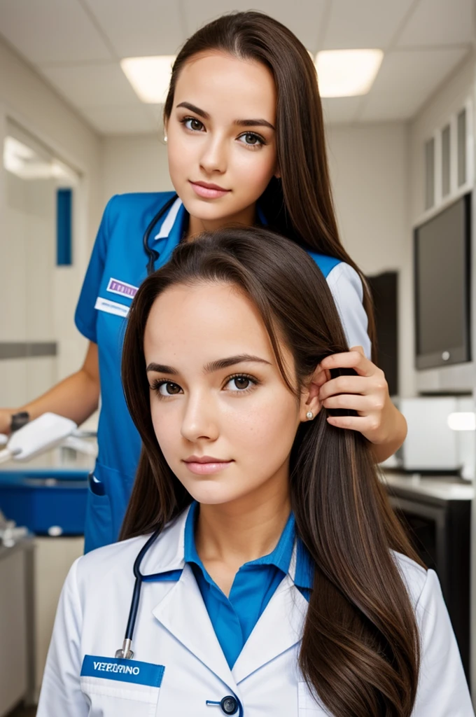 cute girl, brunette , forehead with pimples and a veterinary uniform 