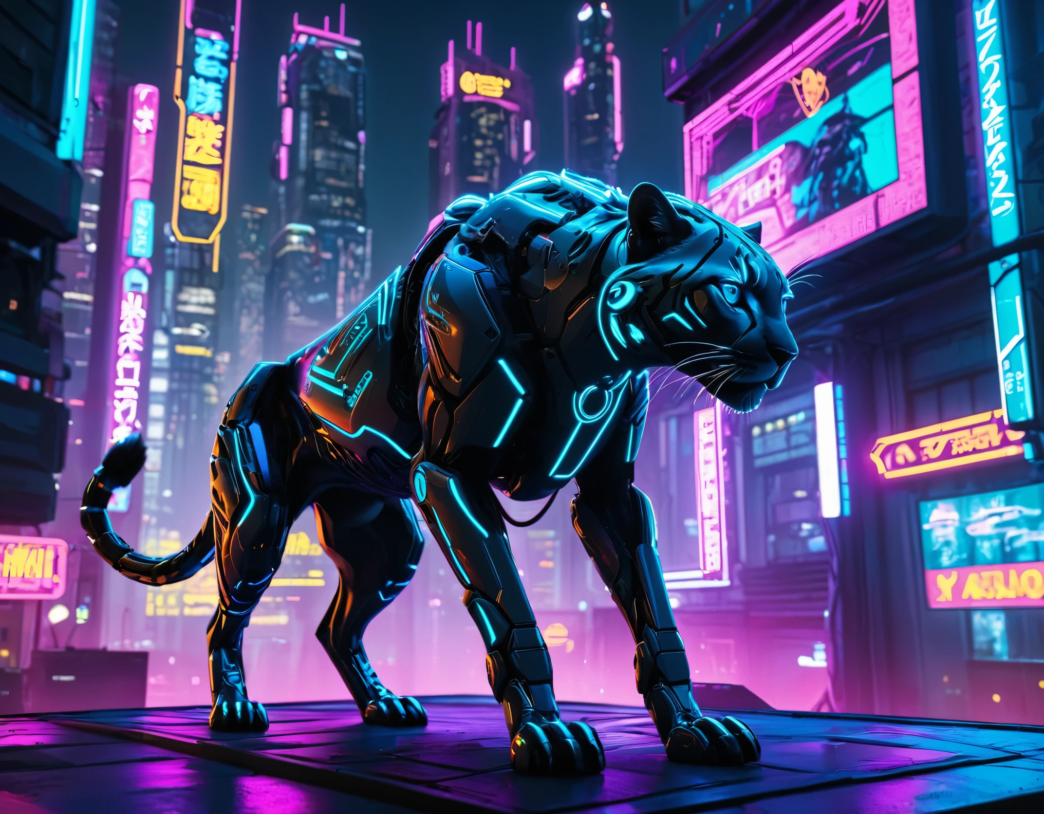 Cyber City, roof, Neon, Mechanical cheetah, Ambush Stance