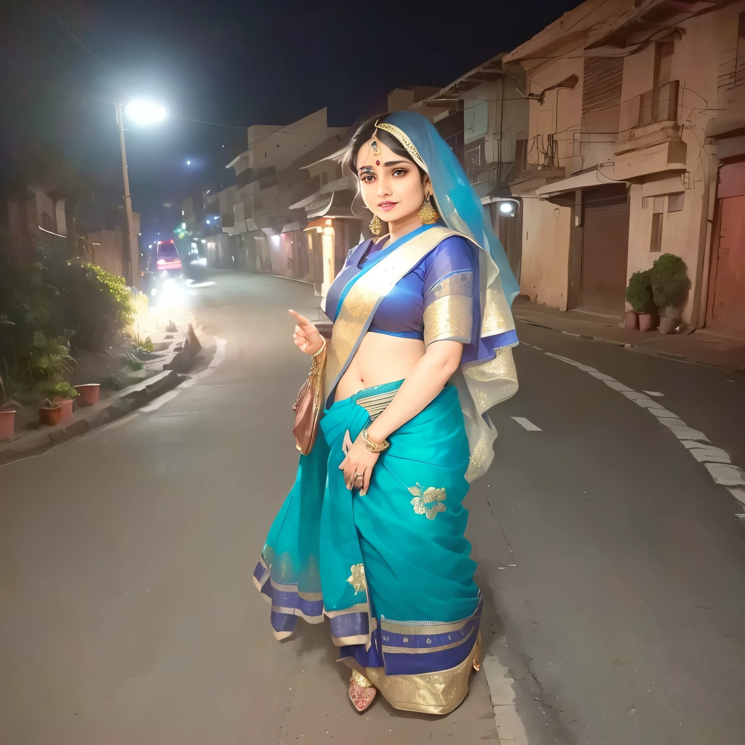 woman in blue sari standing on a street at night, at night time, dressed in a sari, wearing sari, wearing a sari, blue colored traditional wear, wearing a steampunk sari, wearing traditional garb, posing, candid picture, with glowing lights at night, indian, traditional dress, taken with the best dlsr camera, traditional clothes, very very low quality picture