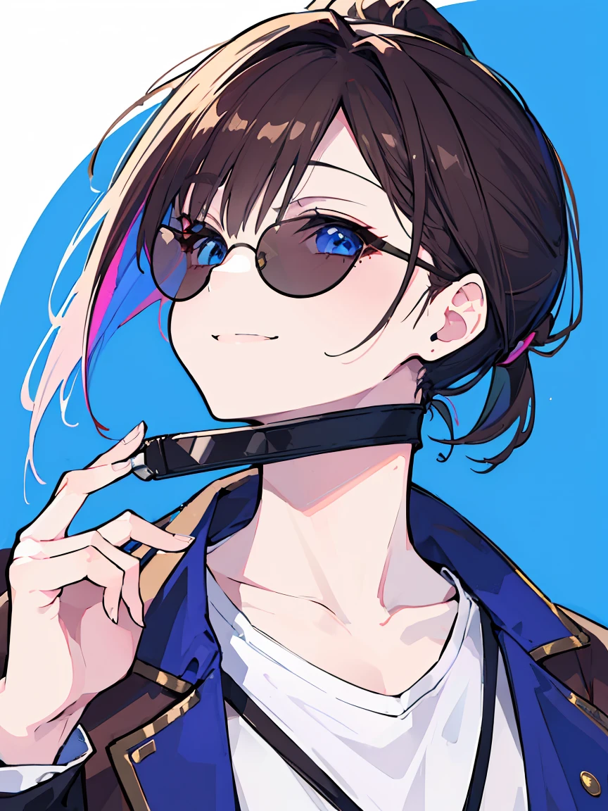 (best quality、masterpiece:1.2) (((1 girl))) Flat chest short hair、blue eyes、Brown hair ((sunglasses)) (vulgar smile) jacket、Ponytail、White shirt, rainbow hair color
