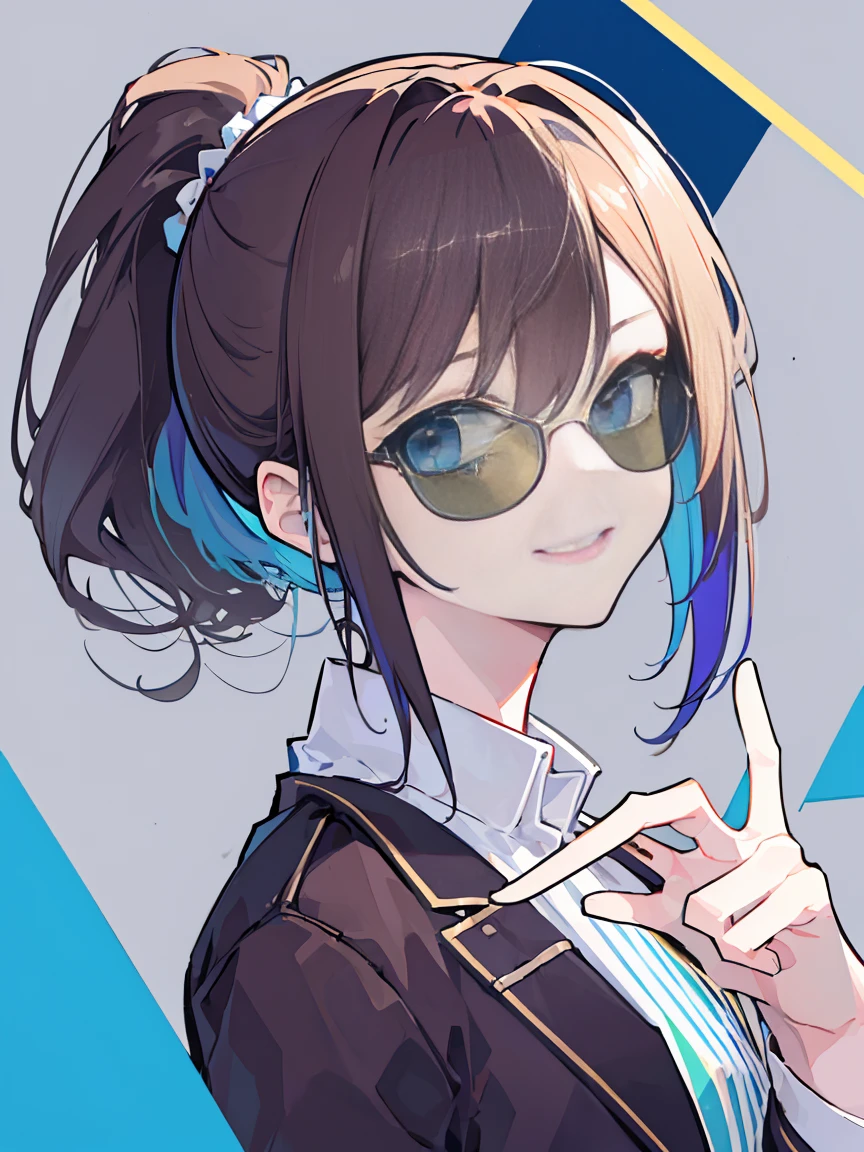 (best quality、masterpiece:1.2) (((1 girl))) Flat short hair、blue eyes、Brown hair ((sunglasses)) (vulgar smile) jacket、Ponytail、White shirt, rainbow hair color