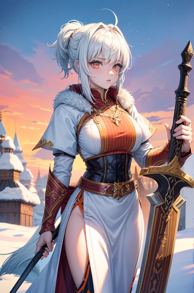 short white hair with white wolf ears, her eyes are bright orange, she has a short, braided ponytail. She is wearing traditional finnish folk clothing. She has a large greatsword on her back and she is wearing long leather boots. Her body is muscular and strong, with muscular forearms shown. Now the sun is setting and its time to go home to a snowy village. She has orange eyes, her both eyes are orange.