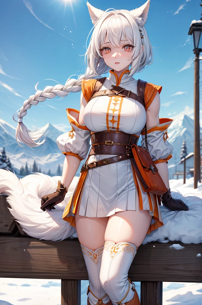 short white hair with white wolf ears, her eyes are bright orange, she has a short, braided ponytail. She is wearing traditional finnish folk clothing. She has a large greatsword on her back and she is wearing long leather boots. Her body is muscular and strong, with muscular forearms shown. Now the sun is setting and its time to go home to a snowy village. She has orange eyes, her both eyes are orange.