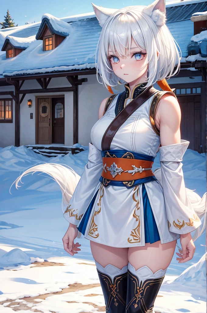 [[[ ultra-detailed, best quality, soft skin, beautiful, 4K]]] white hair,perfect blue eyes, tied-up hair, slender body, dynamic angle, white choker, white and blue upper loose kimono, white fox ears, calm expression, female, snowy palace gardens background, serious expression. walking angle, ((little horny smile)), bare shoulders,  easy like, scenery 