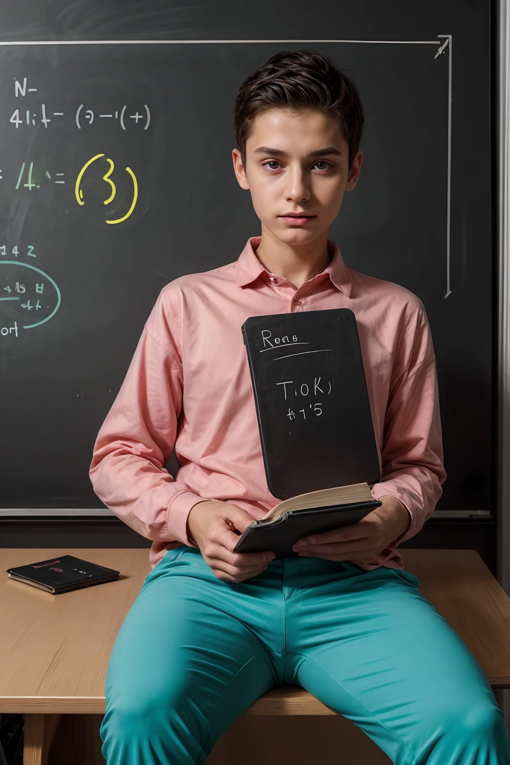 A beautiful young male twink with dark circles under his eyes. He has black hair and a face with make-up. He is wearing a bright pink long-sleeved shirt and aqua blue pants. He is in his office, sitting at a study desk, reading a huge book. Behind him is a blackboard with calculus written on it.  Integration and mathematical equations, and radiating neon energy comes out of the blackboard.