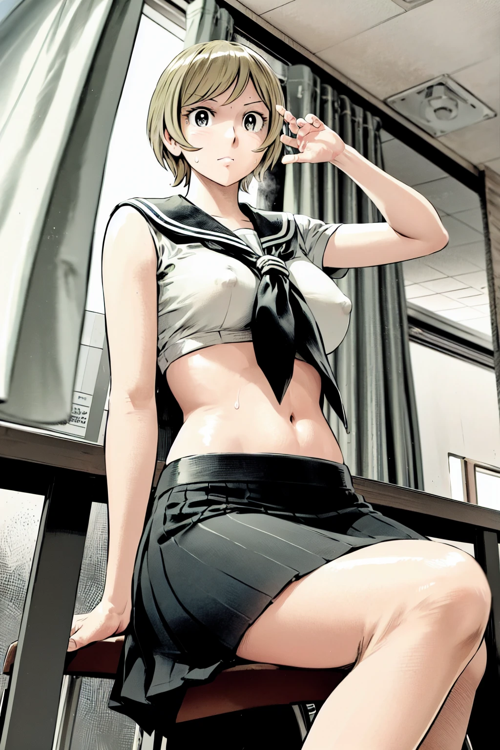 、(masterpiece、Highest quality)、Highest quality, Ultra-high resolution, (((masterpiece))), alone, Sweat、Big eyes, Composition from the front、Shortcuts、Embarrassed face、Blonde Hair、Cut your hair short、School classroom、Sailor suit、skirt、short hair、Browsing Caution、Upper body naked、Breasts exposed、Nipples、Large areola、Sitting in a chair without a backrest、Internal Medicine Examination、Woman showing her body、belly button、真Composition from the front、School Insurance Office、curtain、cubicle、window、door、Fluorescent lamp