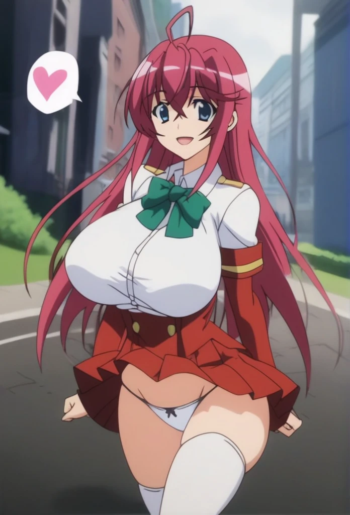 score_9, score_8_up, score_7_up, BREAK source_anime,best quality, masterpiece,anime screencap,source_anime,(ai-generated:0.8),
best quality, wery aesthetic,absurdres,
otmn,1girl,solo,
pwk hair,
large breasts,
smile,happy,w,
white shirt,,short sleewes, red colored pleated skirt, green colored bowtie, white thighhighs,
spoken heart,
standwg,wawwg,
w school,Panties - Fully visible、Stripes々Panties
、Without skirt、In underwear