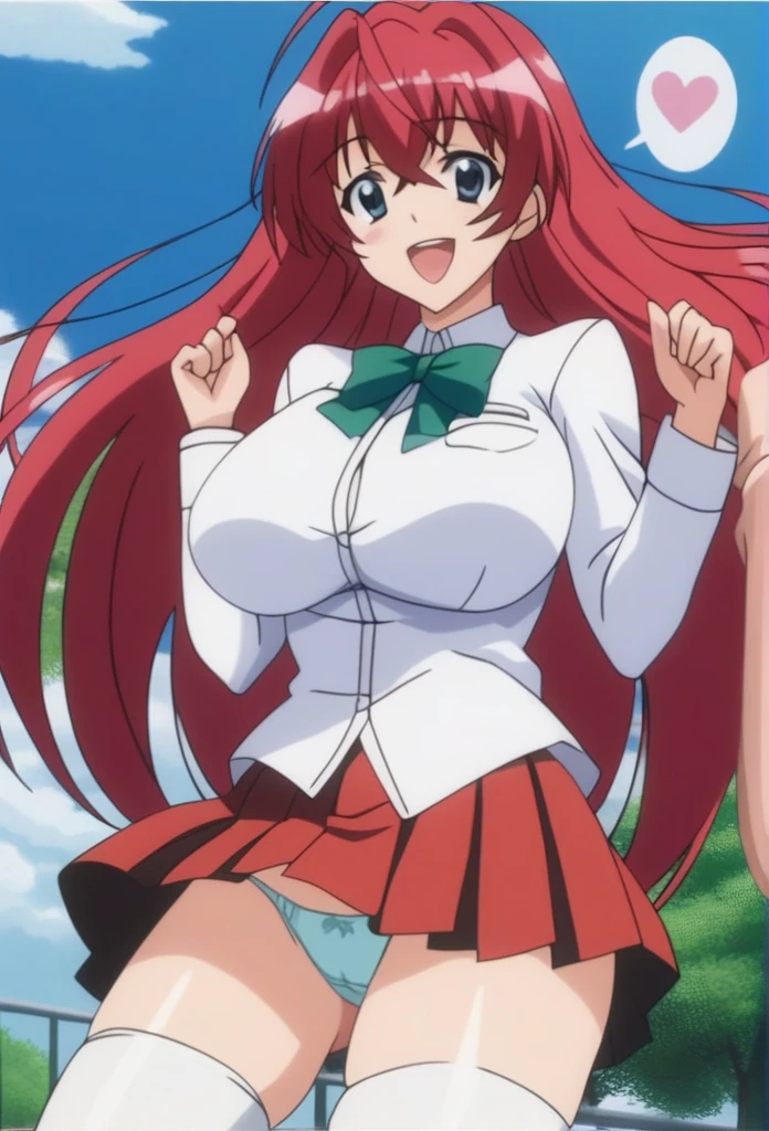 score_9, score_8_up, score_7_up, BREAK source_anime,best quality, masterpiece,anime screencap,source_anime,(ai-generated:0.8),
best quality, wery aesthetic,absurdres,
otmn,1girl,solo,
pwk hair,
large breasts,
smile,happy,w,
white shirt,,short sleewes, red colored pleated skirt, green colored bowtie, white thighhighs,
spoken heart,
standwg,wawwg,
w school,Panties - Fully visible、Stripes々Panties
、Without skirt、In underwear