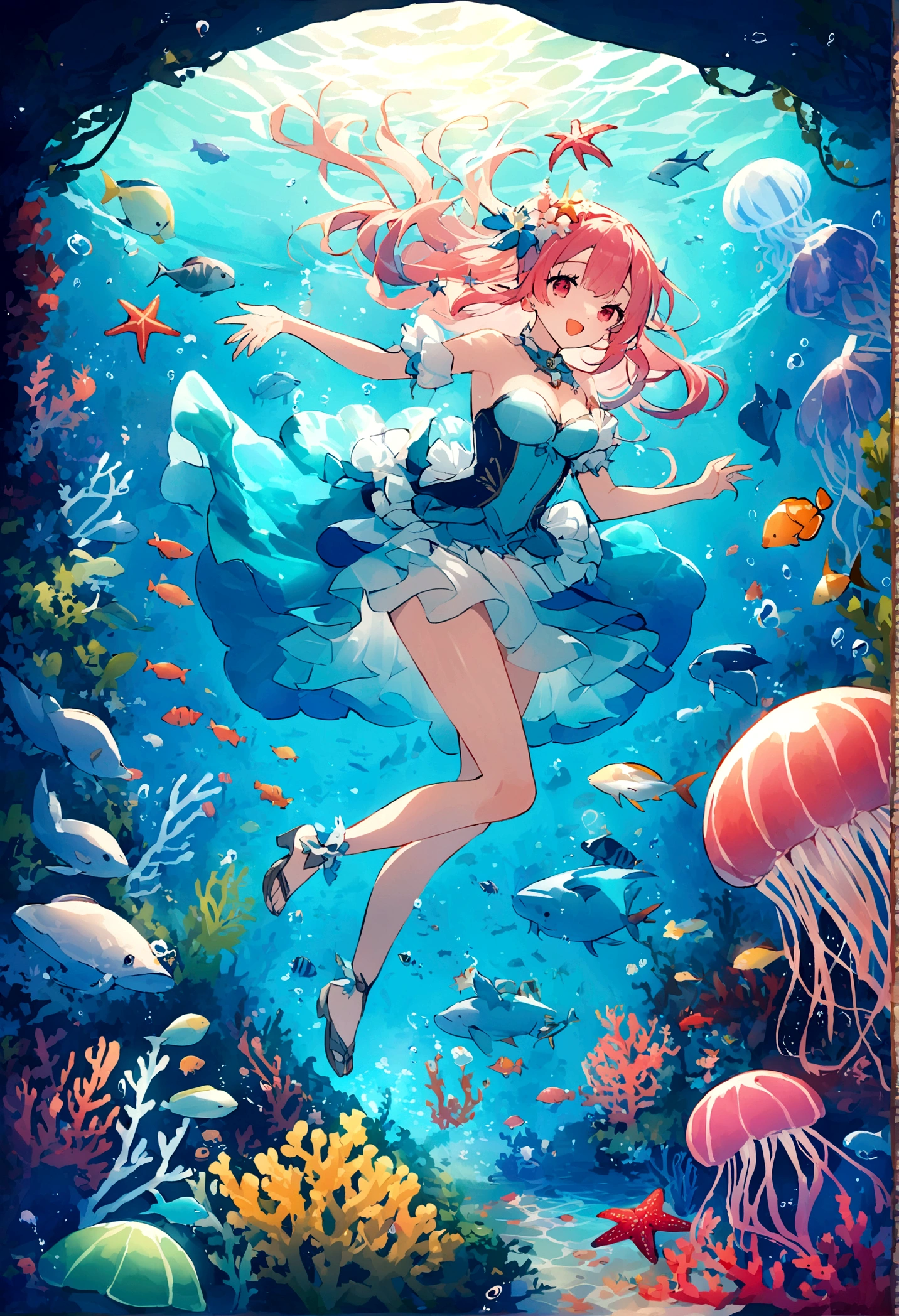 Coral pink hair，long hair，hair over one eye，gray eyes，multiple hair bows，cute，girl，swimsuit，No shoes on your feet，whole body，stand on the ground，Does not expose fingers，The background is underwater，Undersea coral reefs