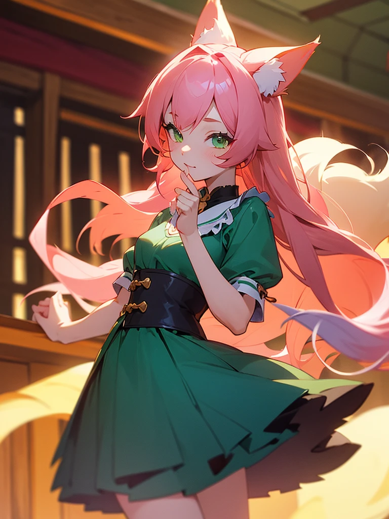 kitsune idol in a tavern, foxgirl, fox ears, fox tails, pink hair, green eyes, blue idol dress, tavern background