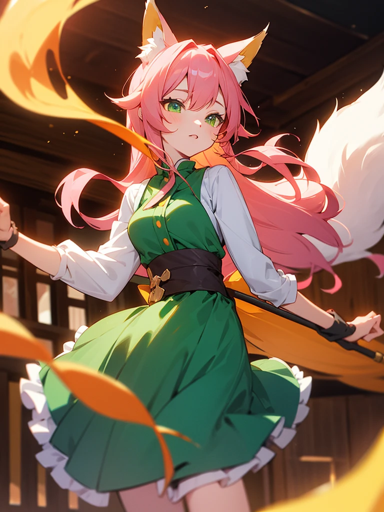 kitsune idol in a tavern, foxgirl, fox ears, fox tails, pink hair, green eyes, blue idol dress, tavern background