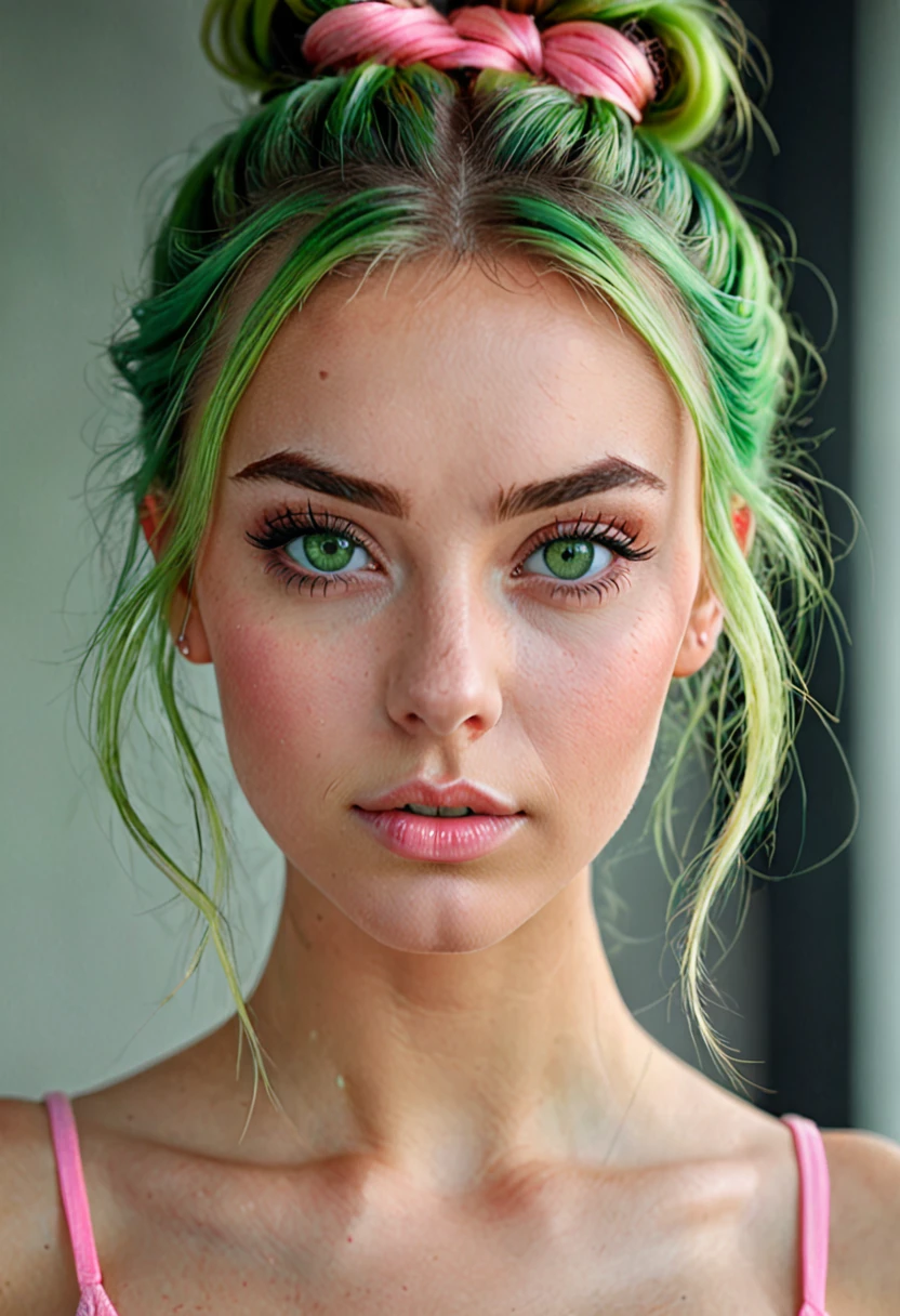 girl, beautiful green eyes, clear skin, soft makeup, long streaked green/pink hair, messy hairbun, realistic soft skin, tight body, photorealistic, realistic (ultra detali, high resolution, realisitic:1.2), bright coloured, bokeh, (portraits:1.1), studio lighting, (greeneyes:1.1), beautiful detailed eyes, beautiful detailed lips, (glare eyes:1.1), (close up:1.1), (realisitic portrait:1.1)