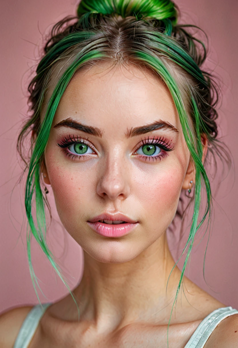 girl, beautiful green eyes, clear skin, soft makeup, long streaked green/pink hair, messy hairbun, realistic soft skin, tight body, photorealistic, realistic (ultra detali, high resolution, realisitic:1.2), bright coloured, bokeh, (portraits:1.1), studio lighting, (greeneyes:1.1), beautiful detailed eyes, beautiful detailed lips, (glare eyes:1.1), (close up:1.1), (realisitic portrait:1.1)