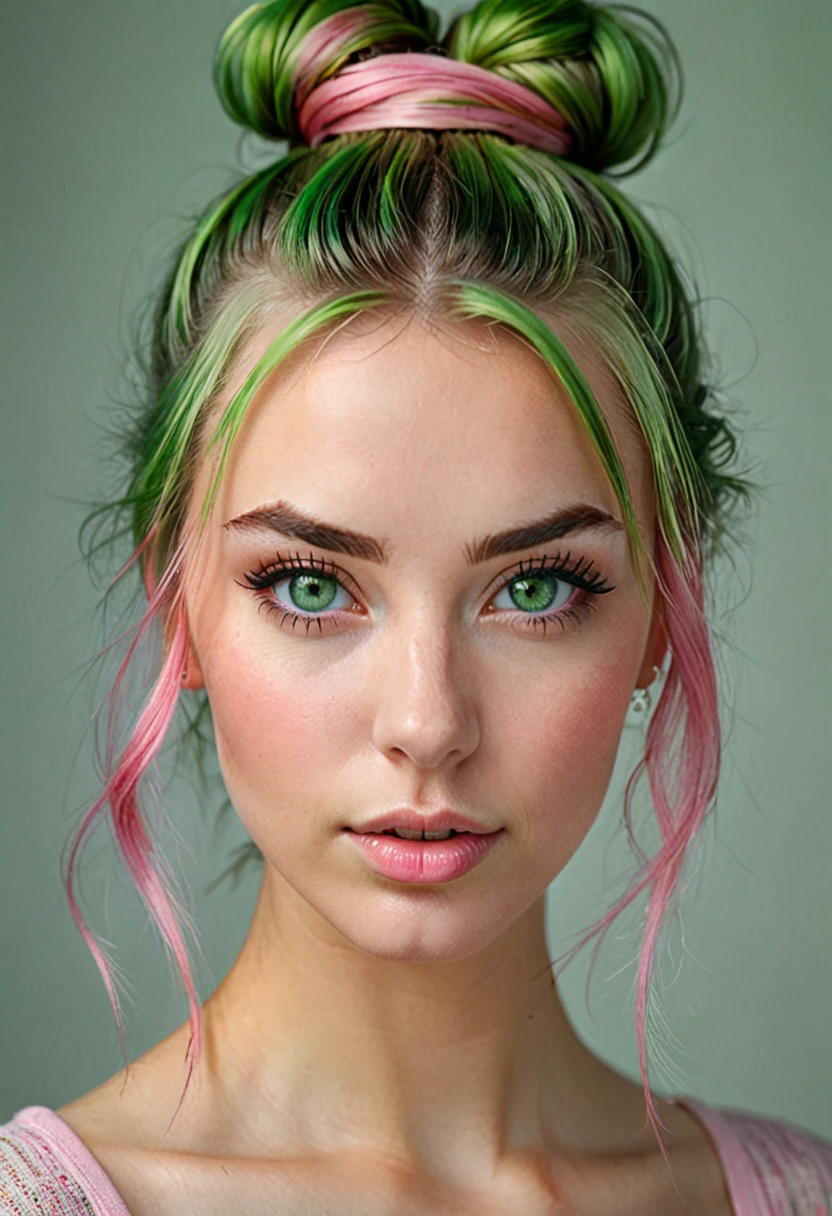 girl, beautiful green eyes, clear skin, soft makeup, long streaked green/pink hair, messy hairbun, realistic soft skin, tight body, photorealistic, realistic (ultra detali, high resolution, realisitic:1.2), bright coloured, bokeh, (portraits:1.1), studio lighting, (greeneyes:1.1), beautiful detailed eyes, beautiful detailed lips, (glare eyes:1.1), (close up:1.1), (realisitic portrait:1.1)