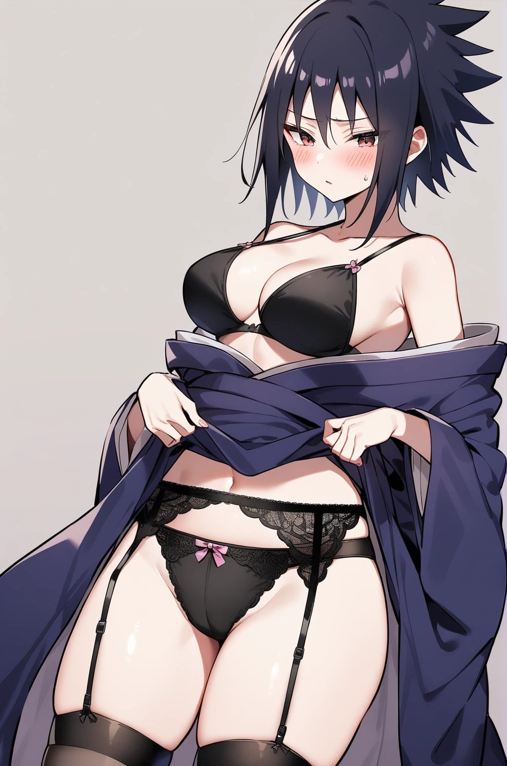 Sasuke Uchiha, e Cup sized breasts, opened kimono, showing off pantys, blush, lace ,black garter belt