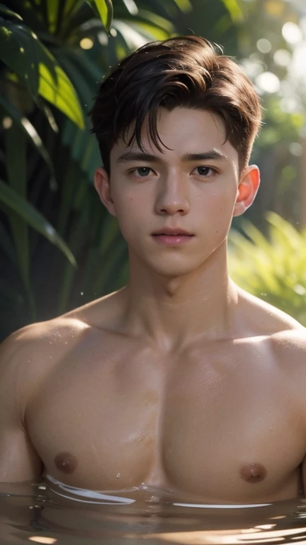 Tom Holland, (masterpiece, best quality), 1man, muscular, bright colors, (depth of field: 1.2), sunlight, bright, high exposure, 1boy, male focus, asian, solo, male high school, light skin, , , muscular, handsome, outdoors, bathing with steam, hot spring, hot spring, sweat, look at the audience, depth of field, bokeh, detailed background, detailed lighting, diffuse natural sunlight, diffuse natural skin shine, symmetrical eyes