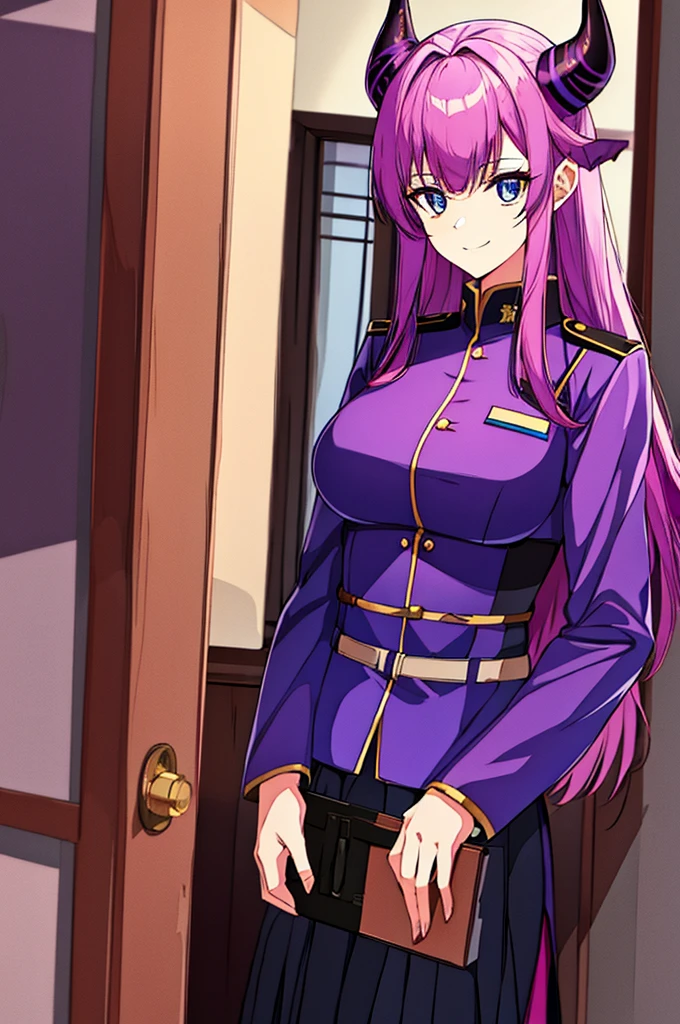 tall girl, PURPLE HAIR, horns on the head, blue eyes, purple military uniform, closed military jacket, office pants with skirt, smiling