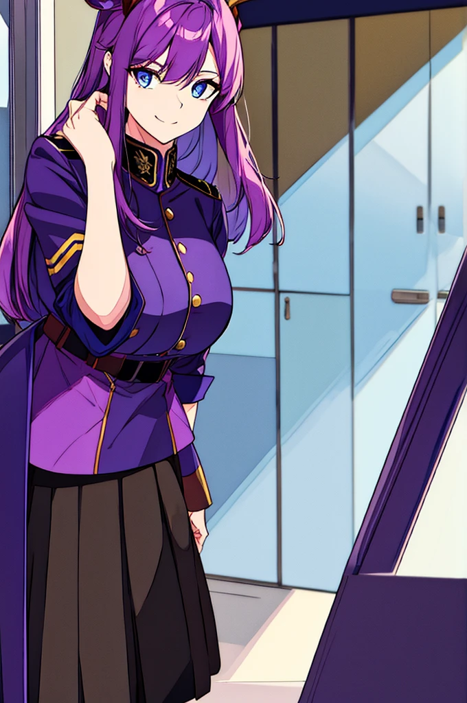tall girl, PURPLE HAIR, horns on the head, blue eyes, purple military uniform, closed military jacket, office pants with skirt, smiling