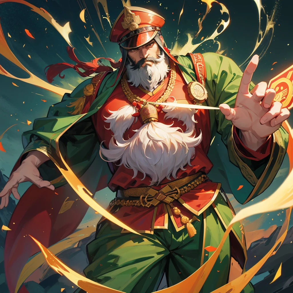 divinity无敌大将军,China,Guan Yu,divinity,myth,Powerful,male,Bearded,Red skin,Light in the eyes,thunder,Green clothes,muscle,Holding a big knife,myth,Gods,divinity无敌