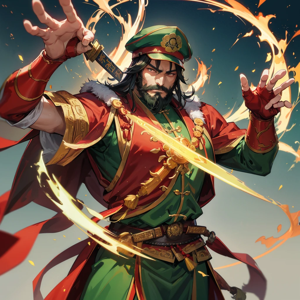 divinity无敌大将军，China，Guan Yu，divinity，myth，Powerful，male，Bearded，Red skin，Light in the eyes，thunder，Green clothes，muscle，Holding a big knife，myth，Gods，divinity无敌