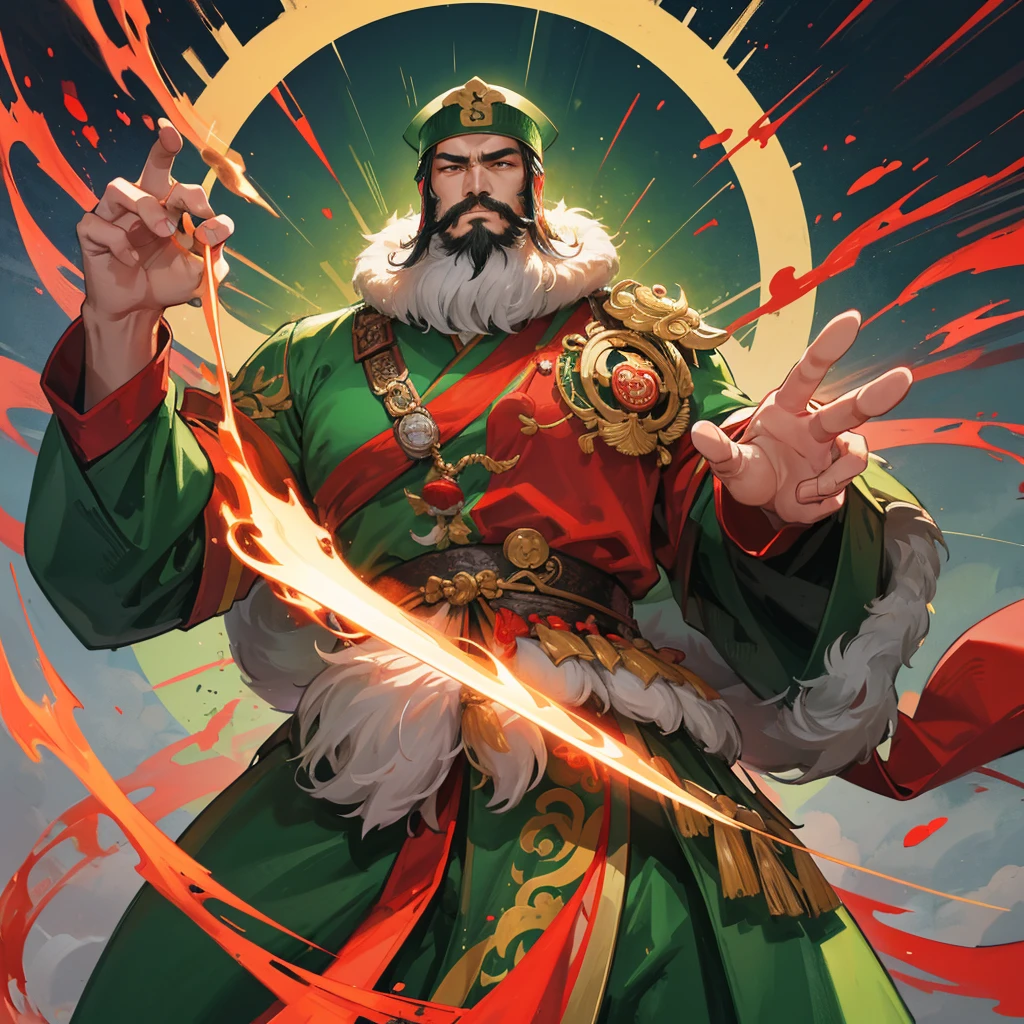 divinity无敌大将军,China,Guan Yu,divinity,myth,Powerful,male,Bearded,Red skin,Light in the eyes,thunder,Green clothes,muscle,Holding a big knife,myth,Gods,divinity无敌