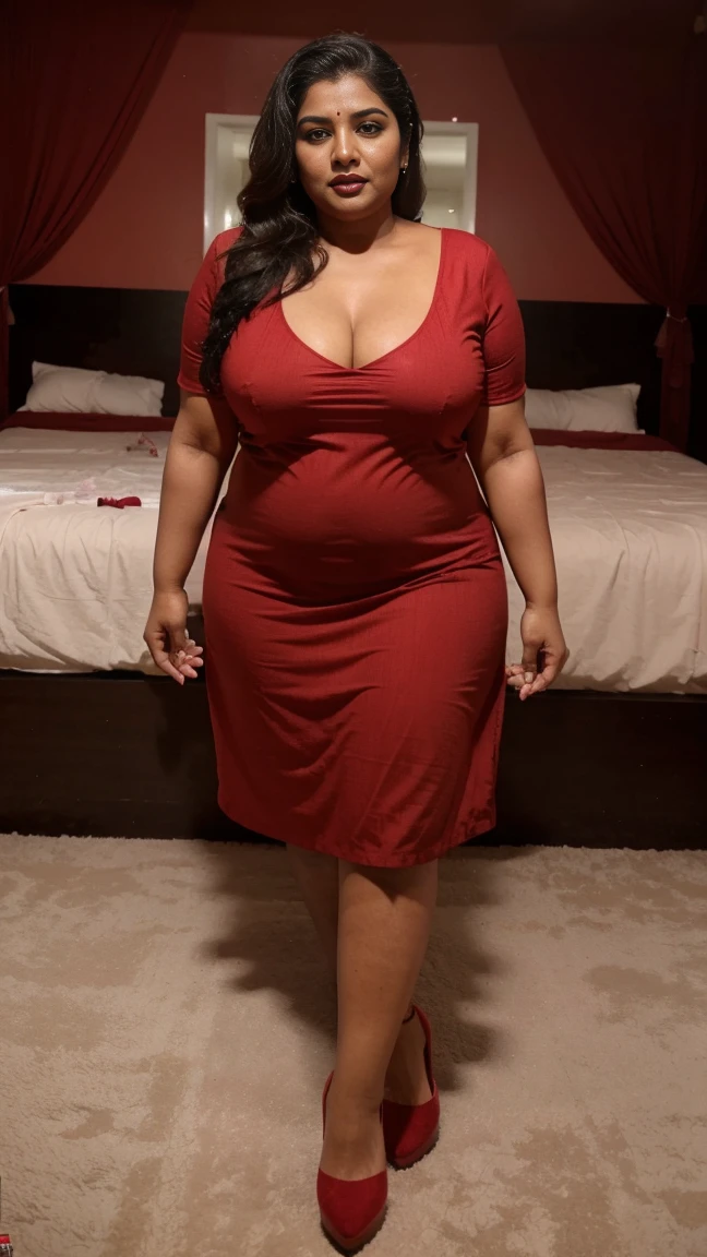 55 yo fat chubby malayalam actress sreeya ramesh, wearing red nighty, red lipstick, high heel shoes, showing cleavages, at bedroom