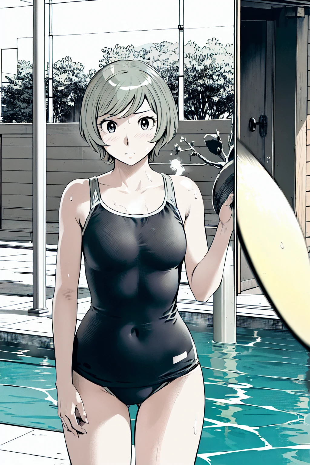 Blue school swimsuit、(masterpiece、Highest quality)、Highest quality, Ultra-high resolution, (((masterpiece))), alone, Sweat、Big eyes, Composition from the front、Shortcuts、Embarrassed face、Blonde、Cut your hair short、School swimming pool、short hair、Pussy Line、Browsing Caution、Butt