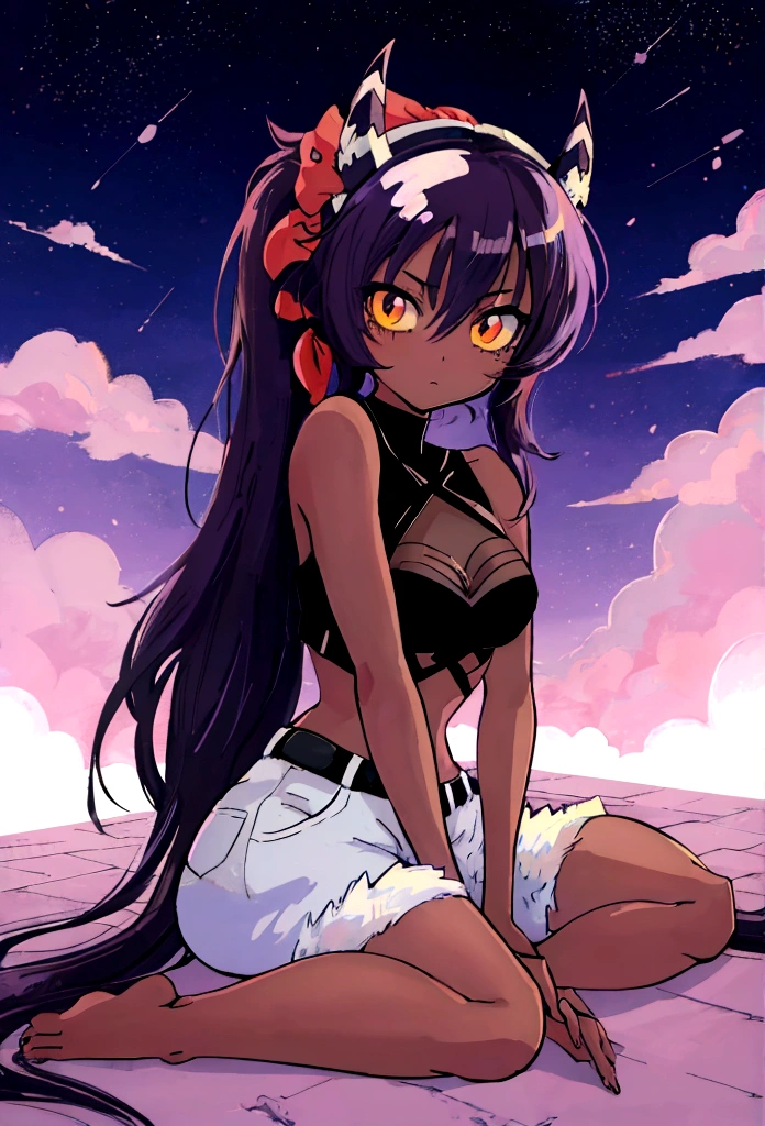 anime girl sitting on ground, 1girl, solo, gyaru, shape eyes, small breast, dark-skinned, long hair, straight hair, dark purple hair, short jean, Cross Halter Crop Top,  stick out tongu, sleeveless, sitting, yandere
[ 4 k digital art ]!!, by :5 sexy: 7, anime artstyle, anime style 4 k, anime style. 8k, anime styled, digital anime art!!, in an anime style, high quality anime artstyle, realistic anime artstyle, digital art on pixiv