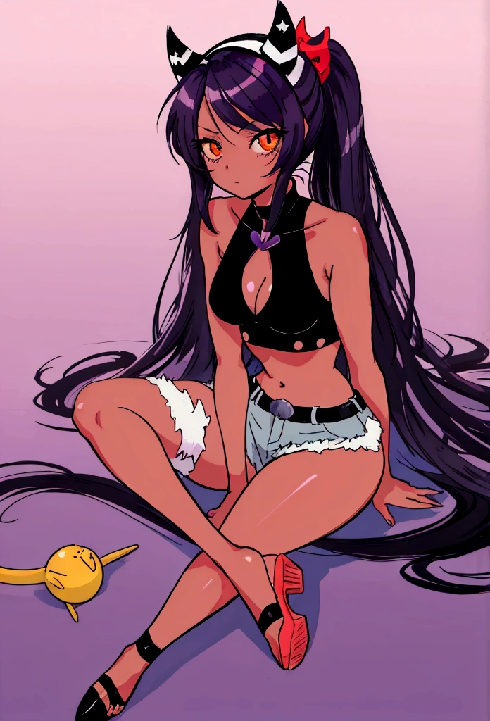 anime girl sitting on ground, 1girl, solo, gyaru, shape eyes, small breast, dark-skinned, long hair, straight hair, dark purple hair, short jean, Cross Halter Crop Top,  stick out tongu, sleeveless, sitting, yandere
[ 4 k digital art ]!!, by :5 sexy: 7, anime artstyle, anime style 4 k, anime style. 8k, anime styled, digital anime art!!, in an anime style, high quality anime artstyle, realistic anime artstyle, digital art on pixiv