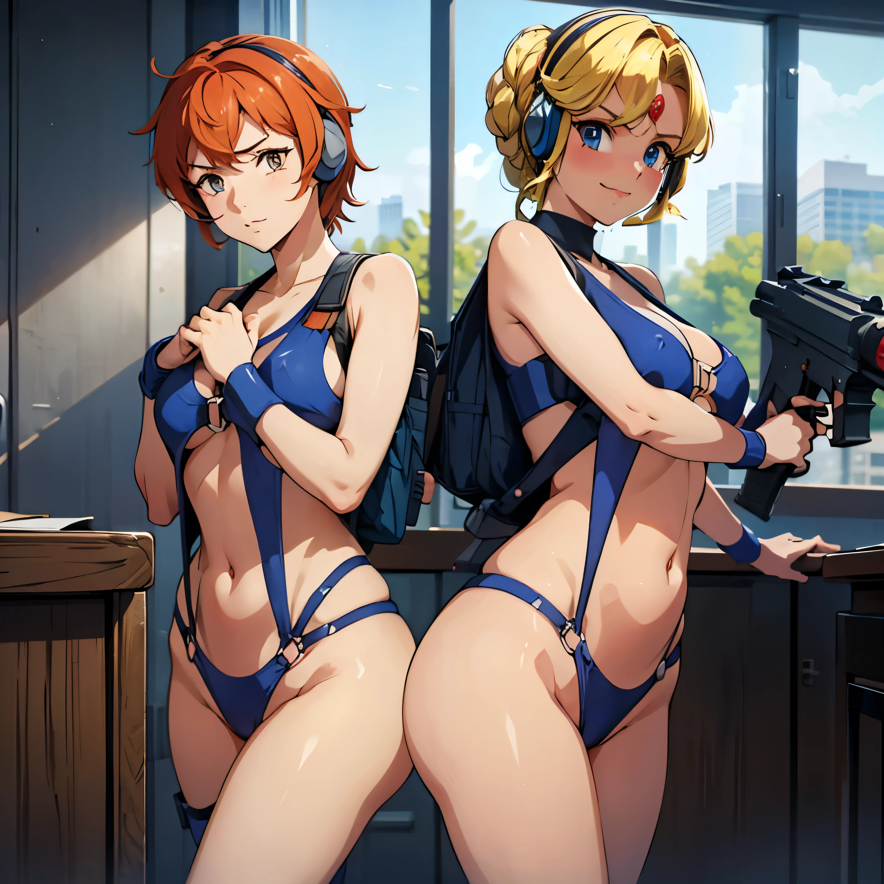 Imperial Guard Combat Uniform Swimsuit, o-ring bikini, v gundam, swimsuit, absurdres, highres, solo, cowboy shot, 1girl, neneka nibrou \(cosplay\), wristband, headphone, holster, backpack, holding gun, aiming, perfect hands, wind, (highres,best_quality,masterpiece), blonde hair, blue eyes,, hair ornament
