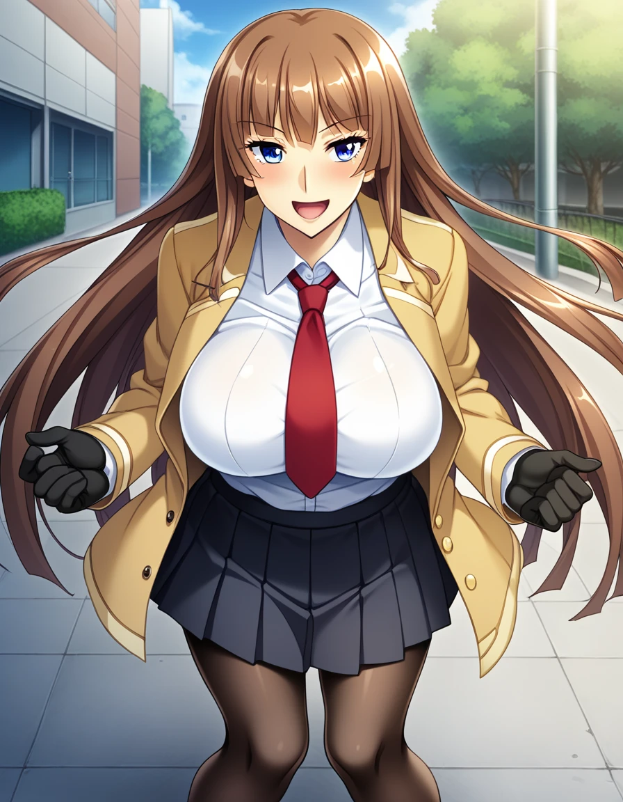 score_9, score_8_up, score_7_up, best quality, source_anime, game cg, beautiful eyes, aoi nagisa, BREAK solo, 1girl, koukawa asuka, brown hair, long hair, blue eyes, bangs, (huge breasts:0.8), medium body, BREAK (blue_school_jacket:1.1), breasts, tight clothes, black gloves, collared white blouse, red tie, black skirt, knee length pleated skirt, black pantyhose, shiny skin, BREAK smile, blush, open mouth, standing, outside, street,