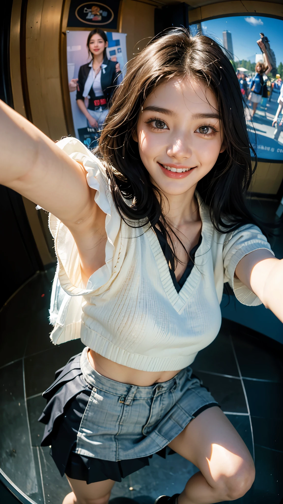 Highest quality, masterpiece, Ultra-high resolution,8K, (Realistic:1.6), (Face-to-face selfie portrait) ,((On top of a tall tower))、RAW Photos, 1 Girl,(Full of smiles, Showing teeth)), 22 years old,((Korean Idol Karina Fashion)),((Miniskirt uniform and undershorts)),((Straight black hair long hair)),((Black hair fluttering in the wind)),((Looking up at the audience)),Face Focus:1.4,((Selfie taken with a fisheye lens:1.4)),((High Attractions Top Background)), Image Media Chest)),((Smiling with teeth showing)),