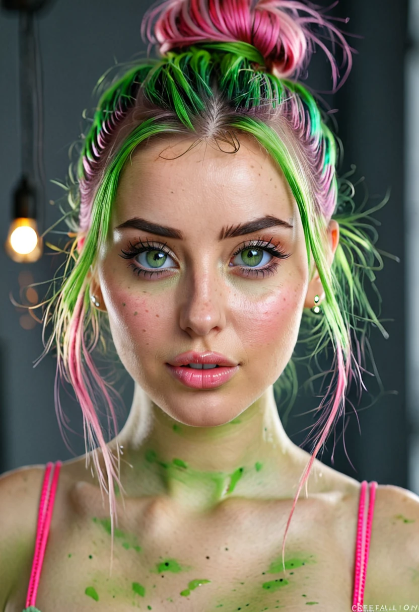 girl, beautiful green eyes, clear skin, soft makeup, long streaked green/pink hair, messy hairbun, realistic soft skin, tight body, photorealistic, realistic (ultra detali, high resolution, realisitic:1.2), bright coloured, bokeh, (portraits:1.1), studio lighting, (greeneyes:1.1), beautiful detailed eyes, beautiful detailed lips, (glare eyes:1.1), (close up:1.1), (realisitic portrait:1.1)