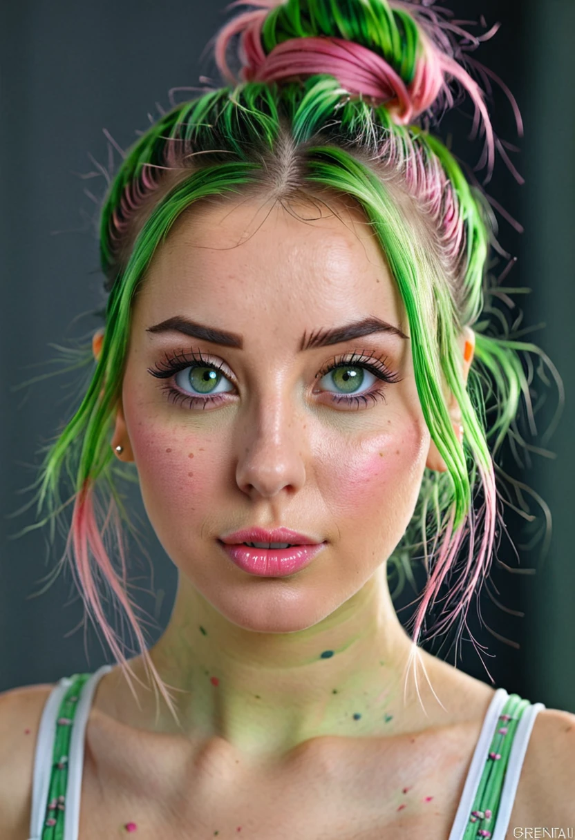 girl, beautiful green eyes, clear skin, soft makeup, long streaked green/pink hair, messy hairbun, realistic soft skin, tight body, photorealistic, realistic (ultra detali, high resolution, realisitic:1.2), bright coloured, bokeh, (portraits:1.1), studio lighting, (greeneyes:1.1), beautiful detailed eyes, beautiful detailed lips, (glare eyes:1.1), (close up:1.1), (realisitic portrait:1.1)