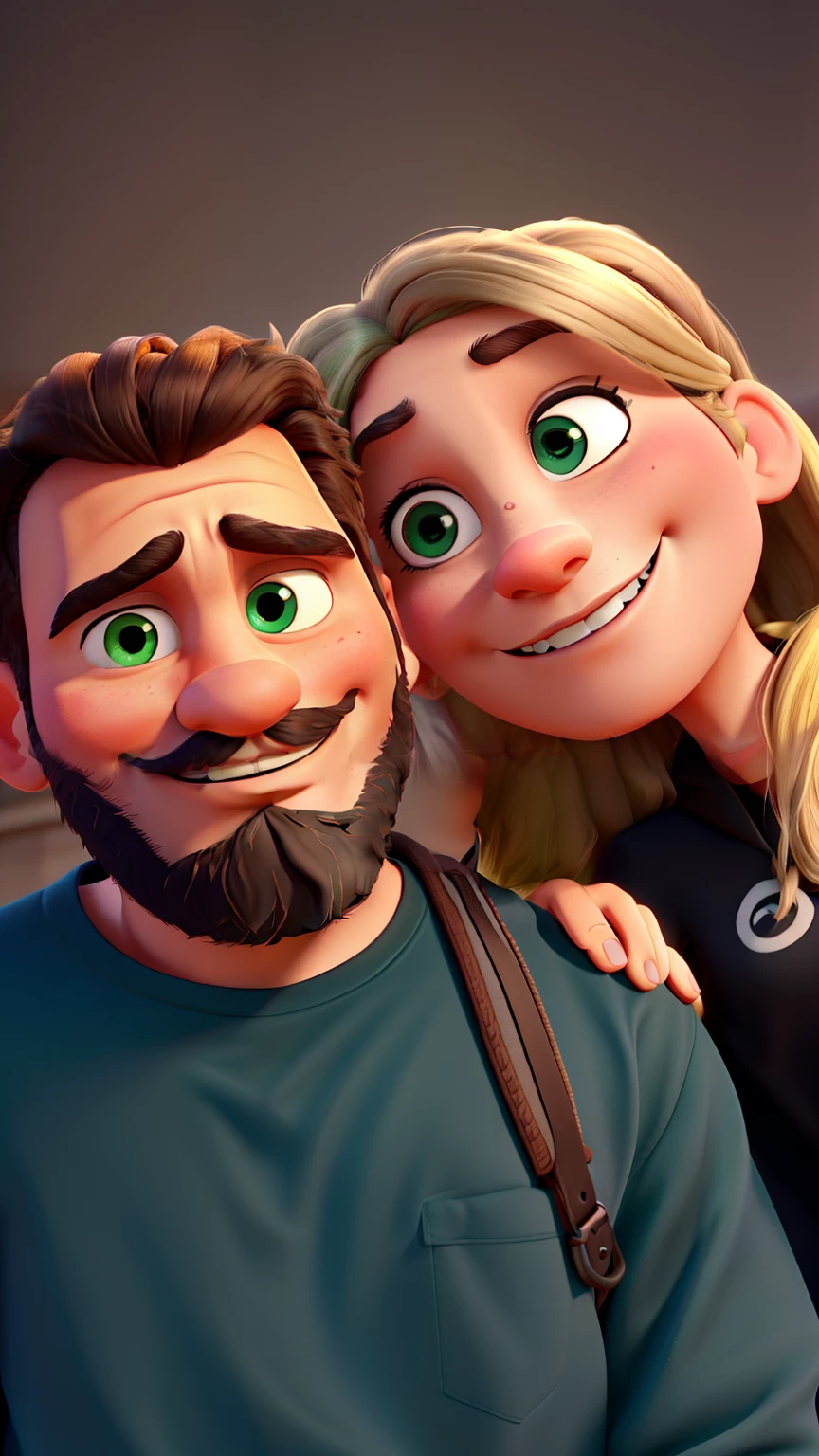 A disney pixar style couple, high qualiy, best qualityer, without leaking your face. dark man, brown color, with thick black beard and mustache and black brown eyes closing, smiling hard, blonde woman with dark green eyes and septum piercing, both in black clothes and without braids