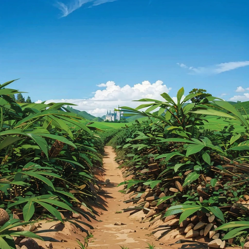 flat plain, mountain, (castle:1.1), grass, (cassava field:1.3), 1girl,