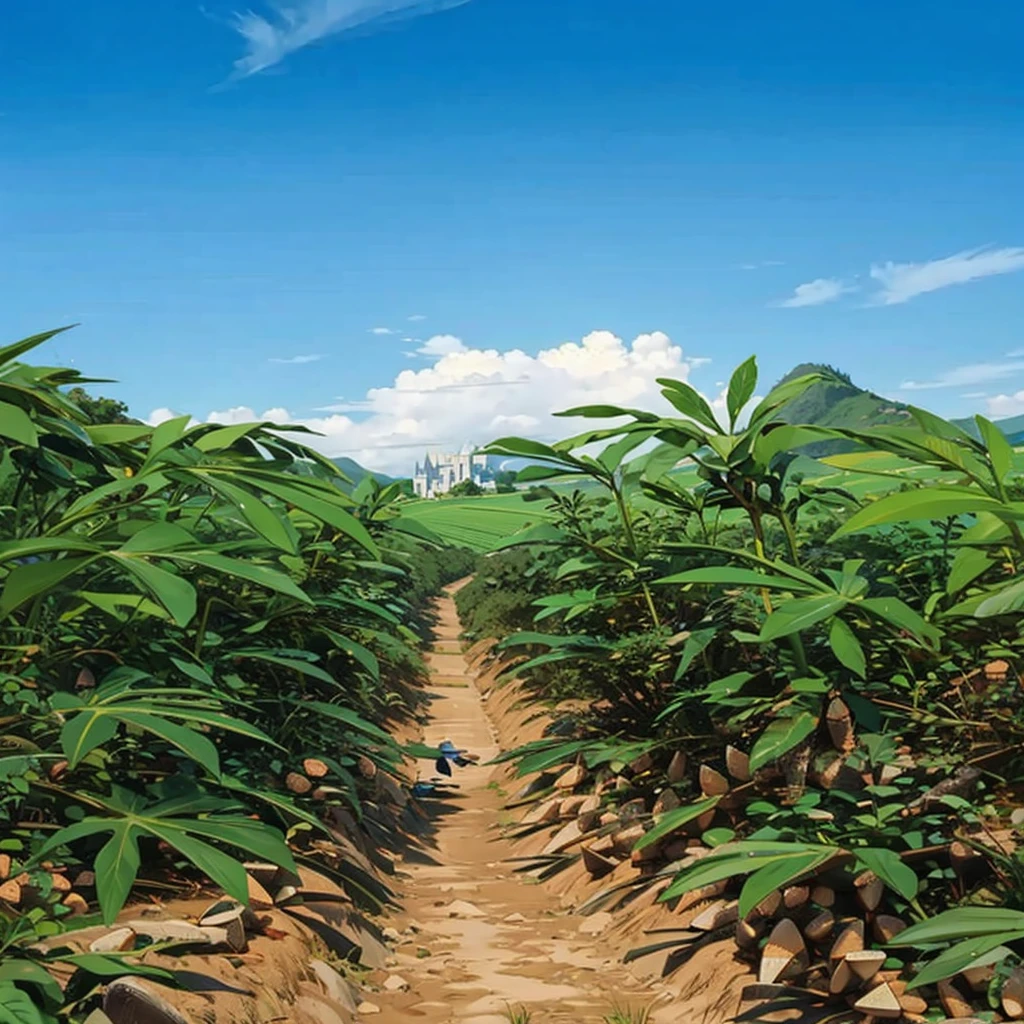 flat plain, mountain, (castle:1.1), grass, (cassava field:1.3), 1girl,