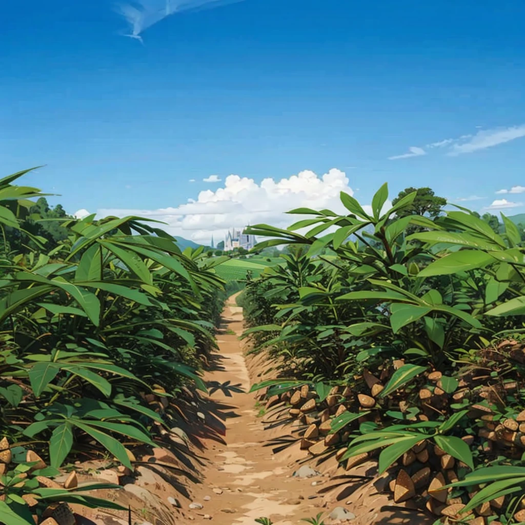 flat plain, mountain, (castle:1.1), grass, (cassava field:1.3), 1girl,