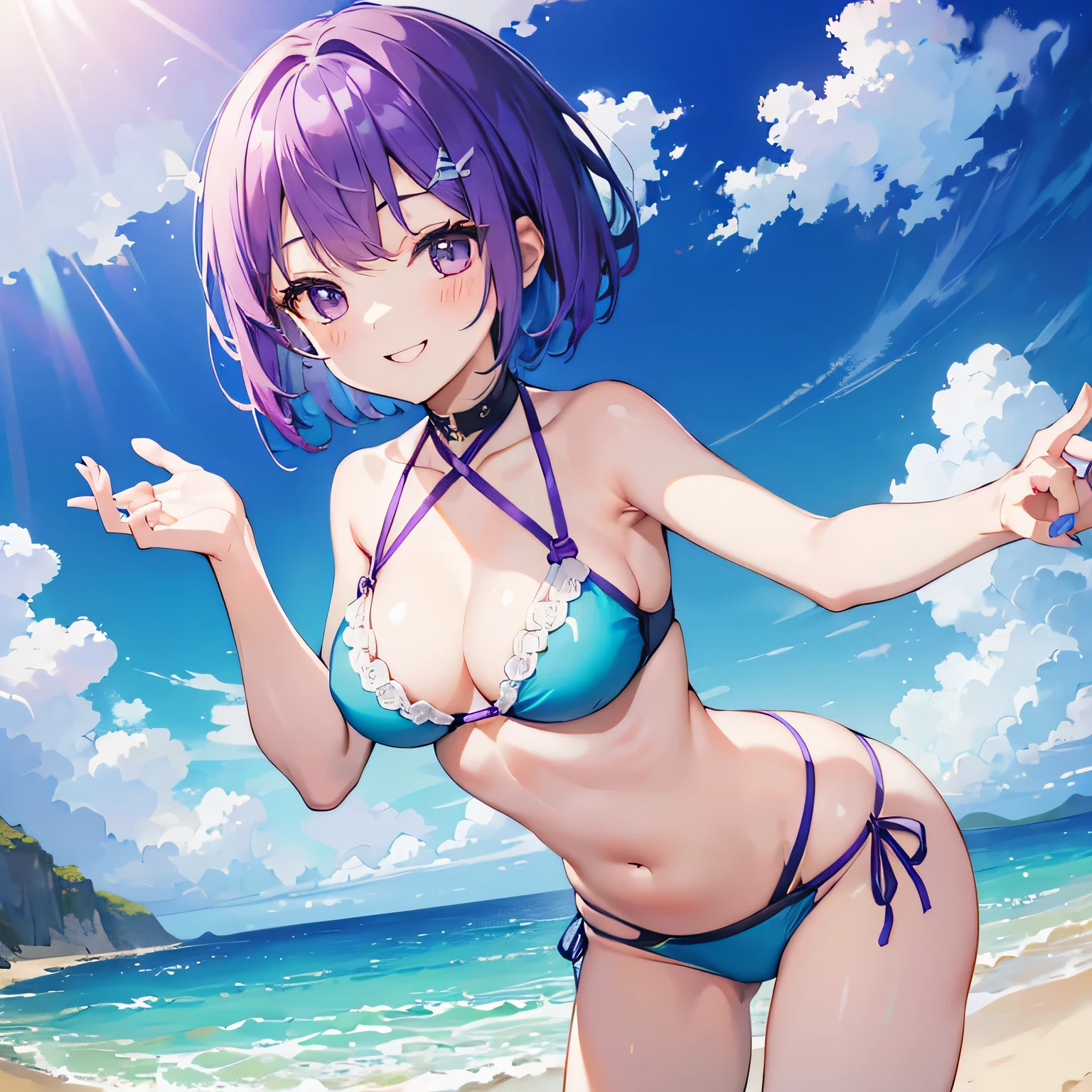 (T Masterpiece，4k wallpaper，Best Quality))、((girl１people))、(solo)、Bright and Brilliant，(Purple Hair)、(short hair:1.3)、smile、Ocean、summer、Swimwear