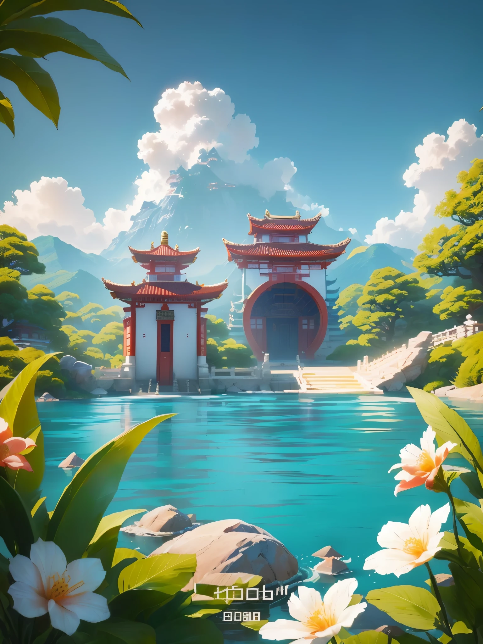 There is a painting of a pagoda in the middle of the lake, Dreamy Chinatown, 3D rendering style, Pagoda Figures, Anime Landscape, Beautiful and detailed scenes, Water Temple, Ross Chen. Landscape background, 3 d stylize scene, Chinese scenery, Zen temple background, Stylized 3d rendering, Beautiful digital artwork, Beautiful landscape rendering