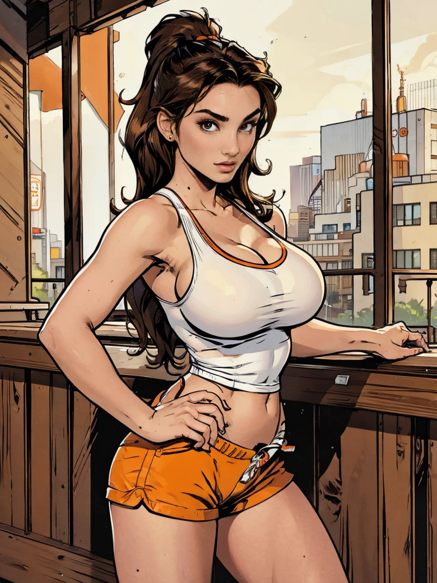 Gorgeous and sultry busty athletic (thin) brunette with sharp facial features and a (large nose) wearing a (Hooters uniform), white tank top, "Hooters", orange minishorts, notepad, restaurant
