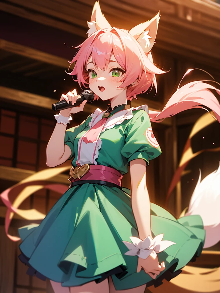 kitsune idol in a tavern, foxgirl, fox ears, fox tails, pink hair, green eyes, blue idol dress, tavern background, high quality, masterpiece, singing