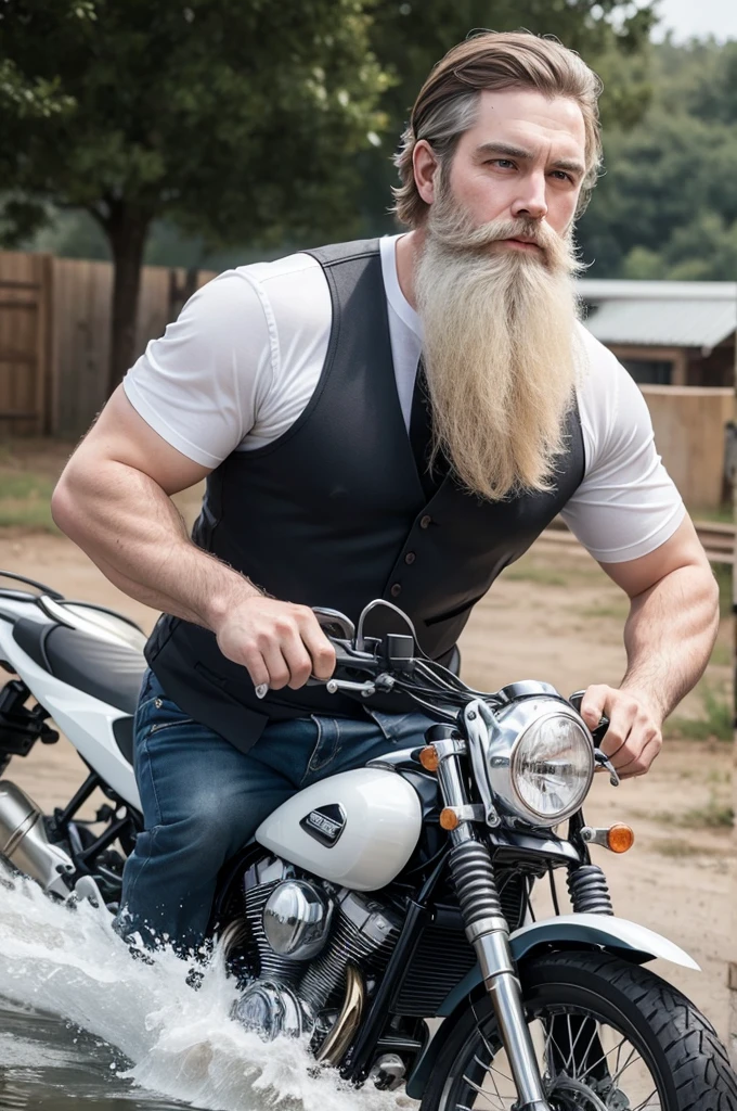 Make a handsome white bearded man washing a motorbike