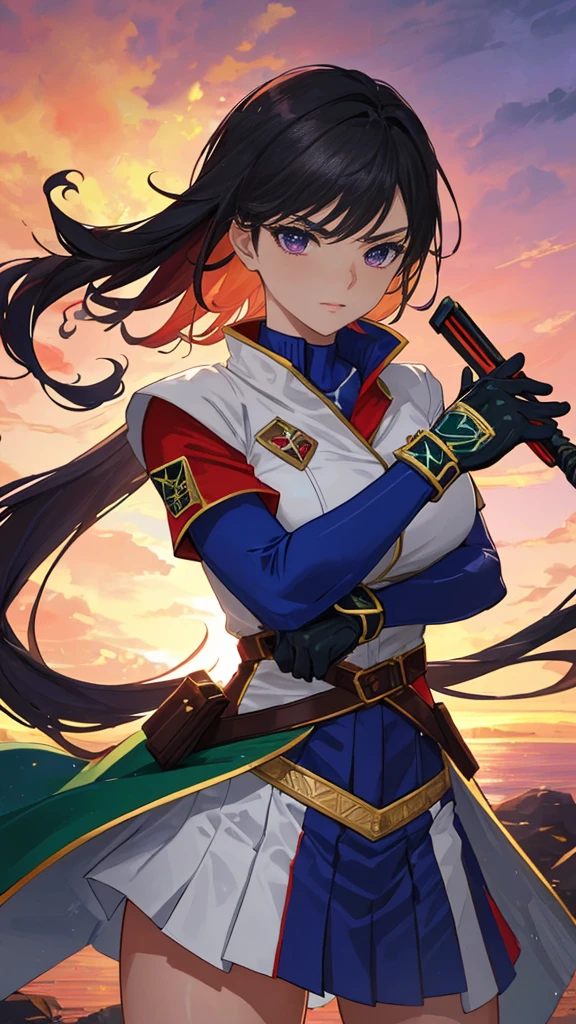 A Stirring, High-Quality Masterpiece of a member of a Ranger Team. The ranger is adorned in vibrant colors: rosa, red blazing in the foreground, violet, green, yellow, black blue, and white. Her dynamic poses exude energy and courage against a background that pulsates with neon, fire, plasma, and fluorescent hues, embodying the essence of the classic Sentai superhero team. The ranger's outfit is sophisticated and modern, with intricate details that reflect her individual theme. She stands ready for action, weapons in hand, under the hues of a breathtaking sunset, bathed in cin