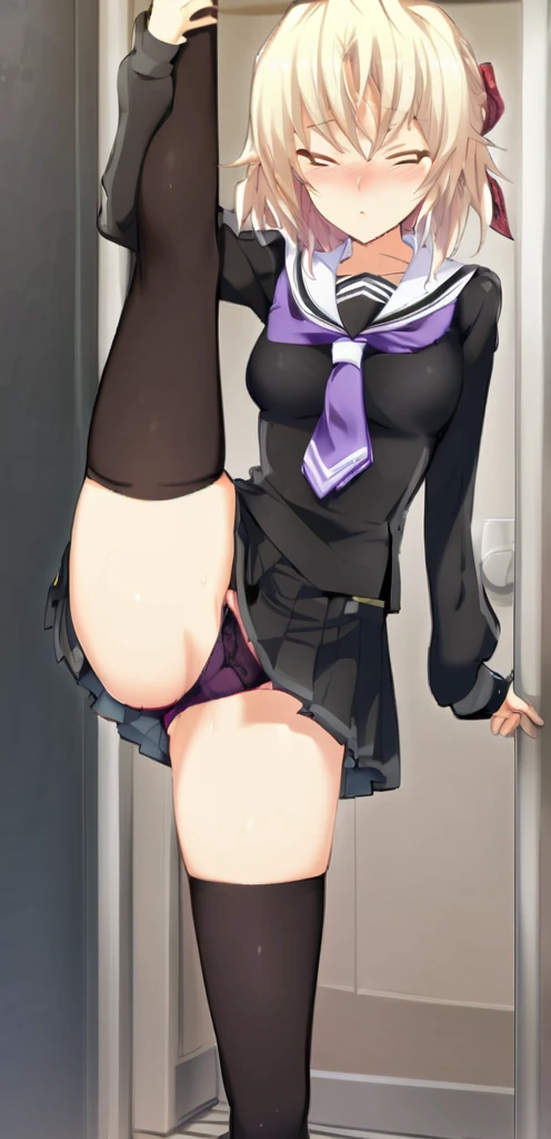 (masterpiece, highest quality:1.2), 1 girl, alone,Are standing_Split, , ,,black、black tights、mini skirt、Panty shot、
