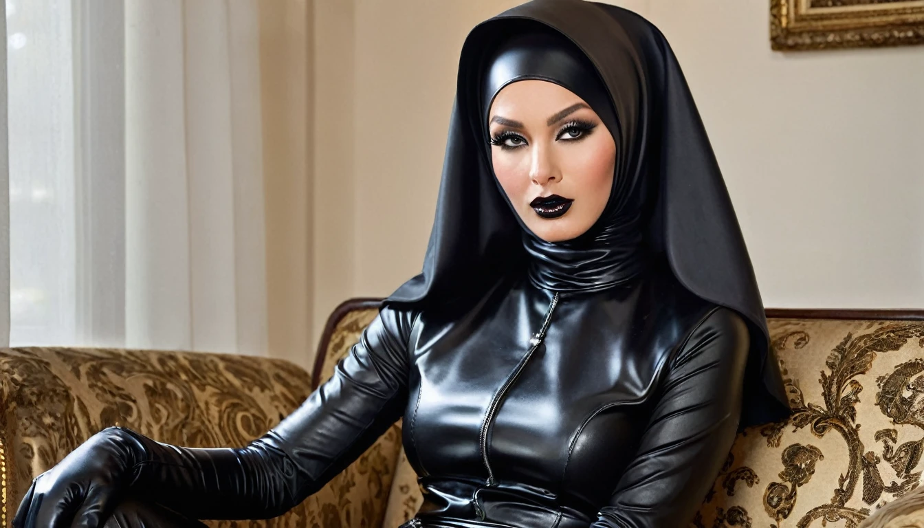An evil, sexy, hypnotizing nun. The face of a mannequin. She is wearing a "black latex veil", a tight-fitting "hijab", "black leather high-heeled boots" and "black leather gloves". He's sitting in an armchair.