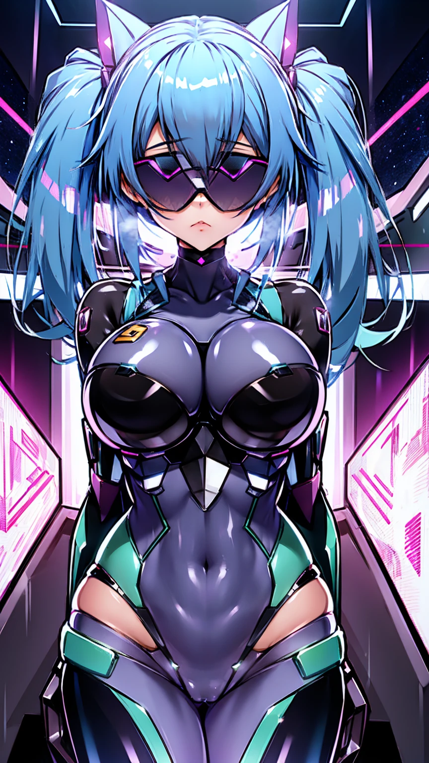 Hatsune Miku Vocaloid, Twin Tails, Light Blue Eyes, Light Blue Hair, Pichi Pichi Bodysuit, Cyber punk, Ghost in the Shell, Ultimate Physical Beauty, Beautiful Eyes, embarrassed look, ((BigBreasts)), 8K CG, Top Quality, Best Image Quality, 2D digital illustration, 1cute girl, cat ears, cat tail, 1 girl, glasses,